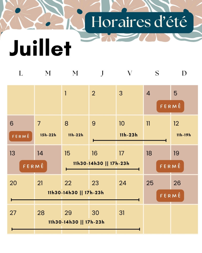 Horaires d'été - Mois de Juillet