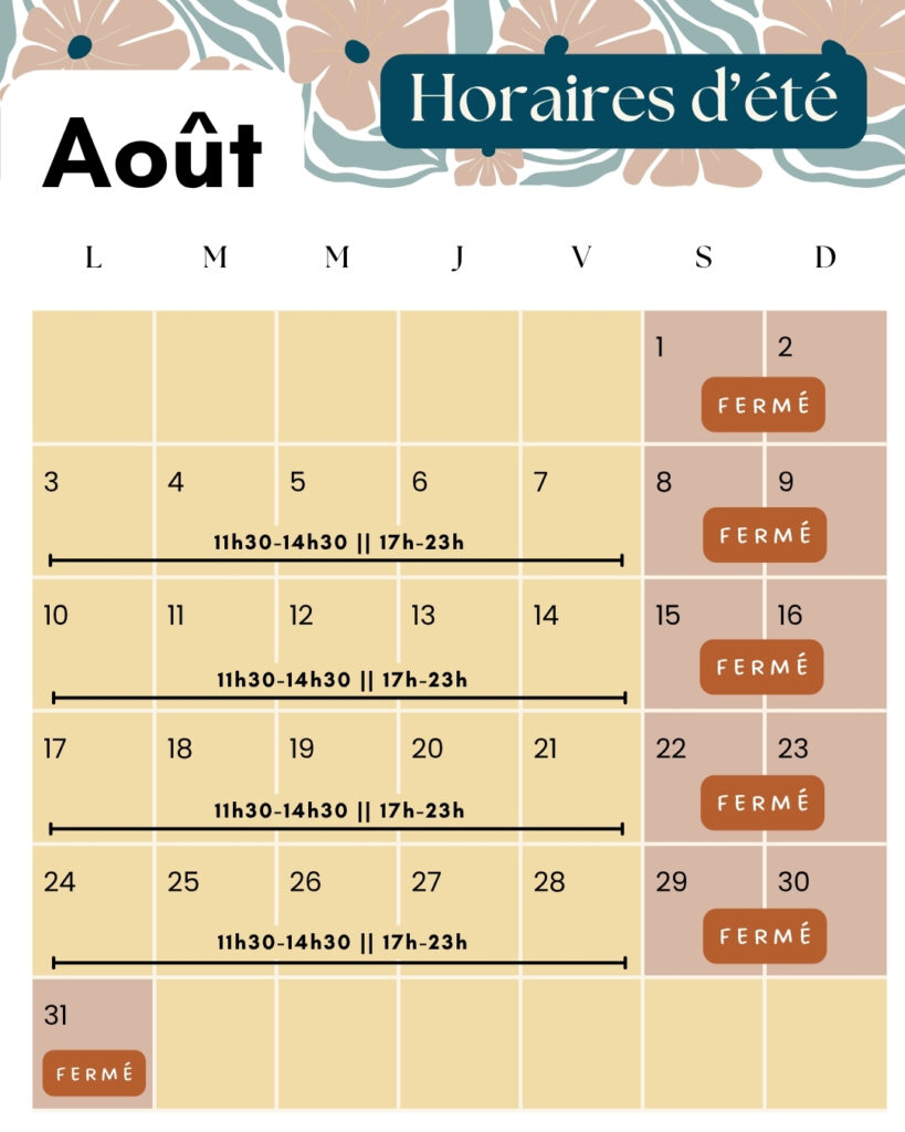 Horaires d'été - Mois d'Août 2026